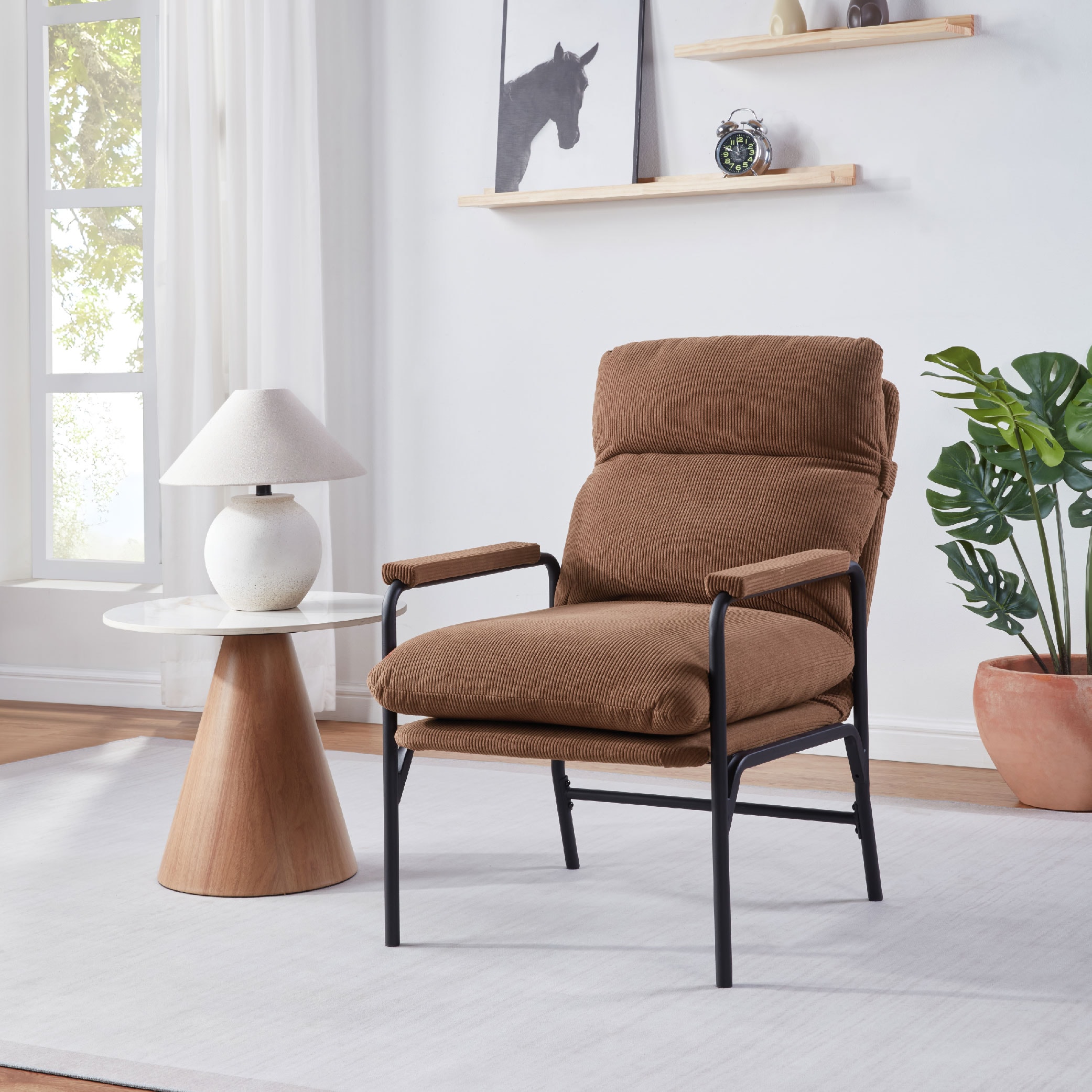Modern Accent Chair, Reclining Chair With Adjustable Backrest, Corduroy Chair With Metal Frame, Reading Chair, Comfy Lounge Chair For Living Room, Bedroom, Office, Brown_voghion.com
